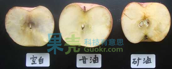 七个小时后，空白组(没有添加任何成分)的苹果，已经变黑。右边两个半边苹果，由于添加了保湿剂或隔绝空气的矿油，变黑不明显。