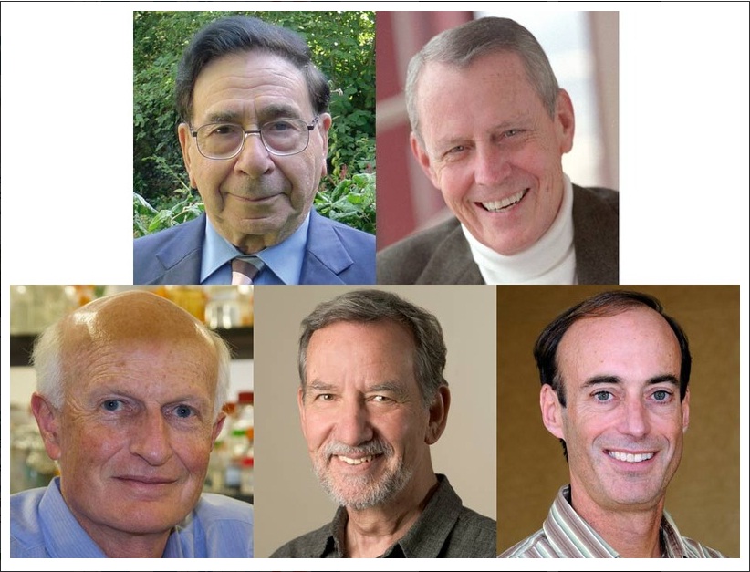 2012年的拉斯克奖得主。上排左起是临床医学奖得主罗伊·卡尔尼（Roy Calne）和托马斯·斯塔泽（Thomas Starzl），获奖原因是肝脏移植技术的奠基研究。下排左起是基础医学奖得主米歇尔·席茨（Michael Sheetz）、詹姆斯·斯帕迪奇（James Spudich）和罗纳德·威尔（Ronald Vale），获奖原因是细胞马达蛋白的工作机理。（图：The Lasker Foundation）