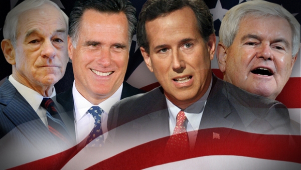 2012 年美国总统大选，角逐共和党总统候选人提名的四名竞选人：（左起）罗恩 · 保罗、米特 · 罗姆尼、里克 · 桑托勒姆和纽特 · 金里奇。（图片：cbsnews.com）