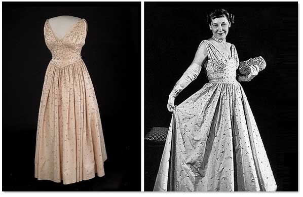 美国第一夫人玛米·艾森豪威尔 1953 年出席丈夫就职典礼时穿的淡粉色礼服，后来这种颜色被称作“第一夫人粉红”。图片：［左］史密森学会博物馆；［右］cbslimited.com