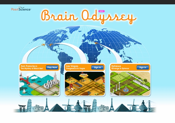 迈克尔 · 梅策尼希创立的 Posic 科学公司 2010 年推出的一款提升大脑认识功能的网络社交游戏，大脑奥德赛（Brain Odyssey）。用户可以免费登陆，与网友互动，组队完成任务，以达到提升认知能力的效果。这款游戏主要针对 50 岁及以上年龄的用户。（图片：Posic Science）