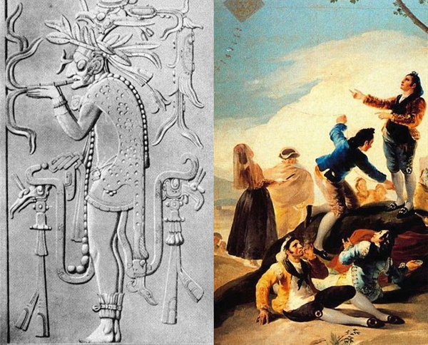 左：描述玛雅文明的石雕中，正在抽食烟草的祭司。 右：烟草传至欧洲后，18世纪画作中出现的早期吸烟者。  图/Wiki commons