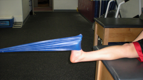 踝关节做背屈运动（向内勾脚尖），同时将弹力带沿反方向牵拉。图片来自：active.com。