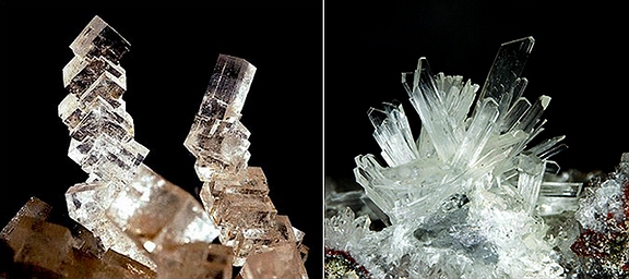 不是所有的天然晶体（矿物）都结晶在地壳深处的成岩环境下：［左］石盐（图片：Rainer Bode, Haltern），［右］石膏（图片：Gerhard Niceus），便是最为典型表生蒸发相的晶体。