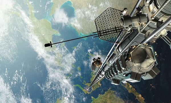 图为Kenn Brown绘制的太空电梯。