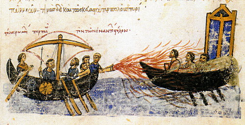 11世纪拜占庭手稿所描述的希腊火。（图：wiki）