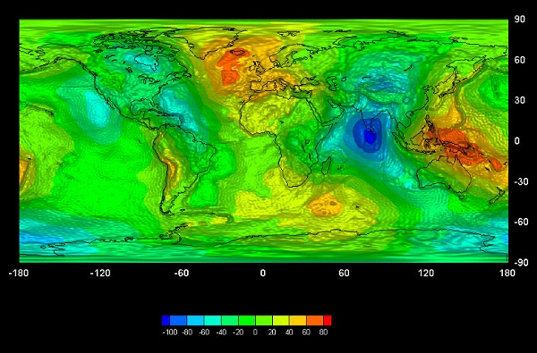 根据欧洲空间局的GOCE卫星数据画出的第一张全球重力差异模型。这张图表示的是消除了纬度差异化的重力图，红色表示高重力区，蓝色表示低重力区，代表两个极端值。全球除了个别地区外，重力的差别是非常小的。