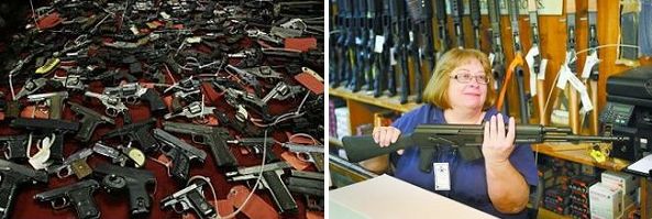 美国枪案后，卡姆登市民众纷纷主动上缴枪械（左图），廷利帕克的一家体育用品商店则售枪量激增（右图）。这折射了美国社会对于枪支又爱又恨的矛盾态度。