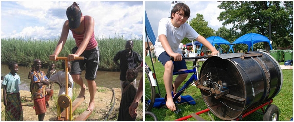 D-lab 的发明：［左］脚踏汲水器（图片来源：ocw.mit.edu）［右］脚踏洗衣机（图片来源：Silke Hase / bikesnotbombs.org）