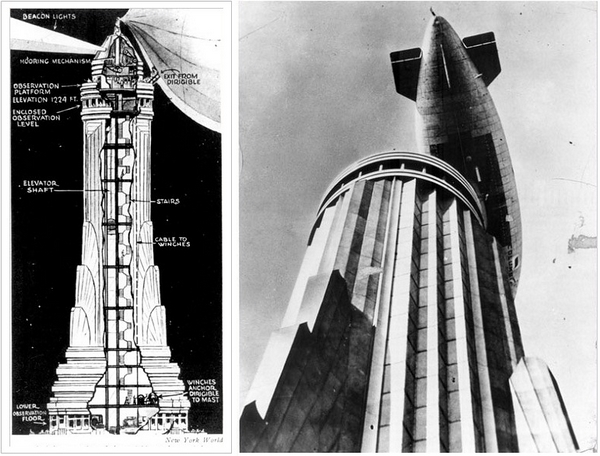 ［左］帝国大厦纵剖面的想象图，用于停泊飞艇的桅杆贯穿整个楼体，直刺天空。（图片：New York World）［右］1931 年，“哥伦比亚号”飞艇飞越帝国大厦的桅杆顶端。（图片：The New York Times）
