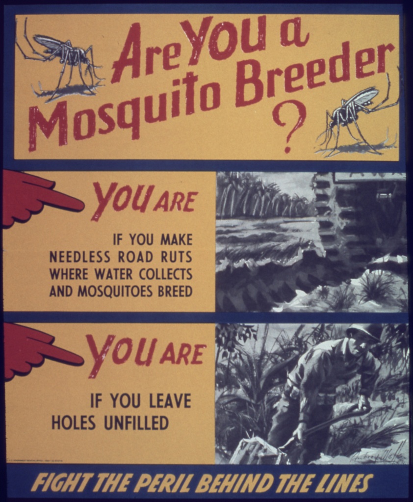 二战时期的宣传画，鼓励人们清理源头，避免自己成为蚊子的“移动餐桌”。
