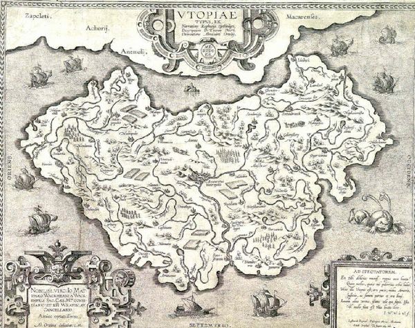托马斯•莫尔小说《乌托邦》里的乌托邦岛地图。