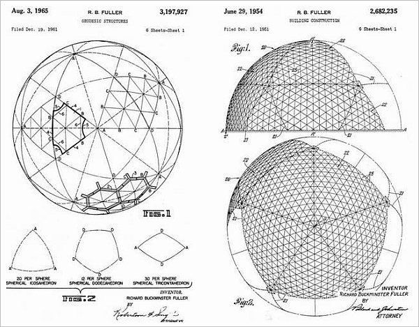 美国建筑家巴克明斯特·富勒（Buckminster Fuller）的设计专利图纸。从左边的设计图上，我们可以想见，正二十面体（面是三角形）和正十二面体（面是五边形），是如何构成球体的。右边的设计图，是不是让你想起了足球的形状呢？（图片：inventors.about.com）