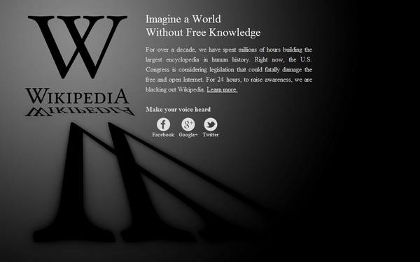 维基关站24小时抗议SOPA法案，此图为今天英文维基首页