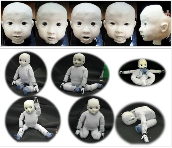 日本大阪大学教授浅田稔的研究小组开发出婴儿型机器人，有的会做出丰富的表情，可以通过变化视线和口型来表现多种情绪（上图：vincentabry.com），有的会像婴儿一样自己尝试并学习爬行和翻身（下图：jst.go.jp）浅田希望能开发出与人类共同生活的机器人，并以此研究人类如何学会运动及认知发育过程。